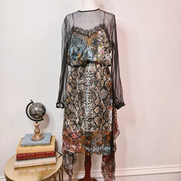 NWT Preen Thornton Bregazzi Midi Dress Satin Devore Fredi Snake Print Sheer XS - Picture 1 of 16